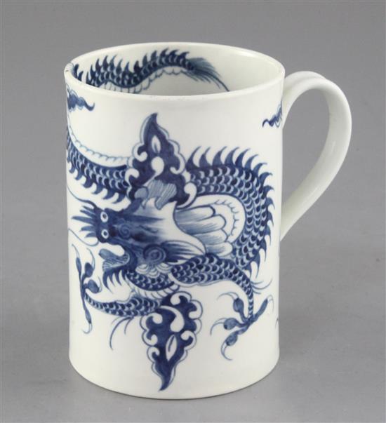 A Worcester The Dragon pattern blue and white mug, c.1760-5, height 11.8cm